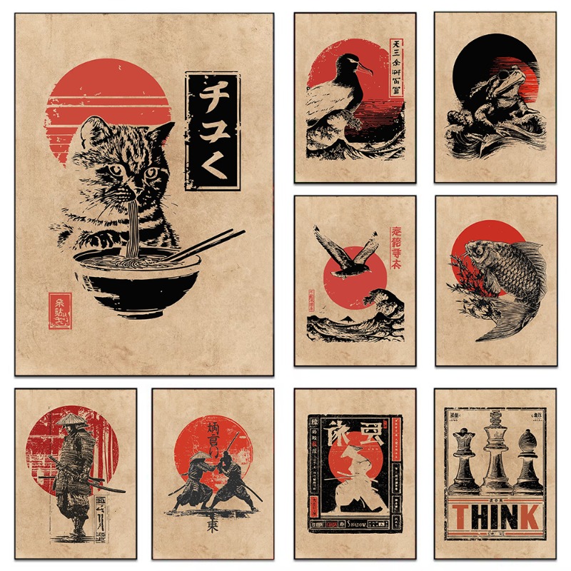 Japanese Eating Lifestyle - ภาพวาดบนผ้าใบแนววินเทจ: ปลาคาร์ปญี่ปุ่น กบ แมว กินราเมน ซามูไรดวลกัน