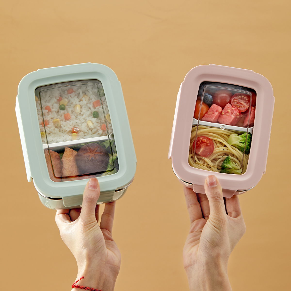 Bento Box Two Tier - กล่องข้าวสแตนเลส 304 สำหรับไมโครเวฟ แบบแบ่งช่อง ซ้อนกันได้ ป้องกันการรั่วซึม