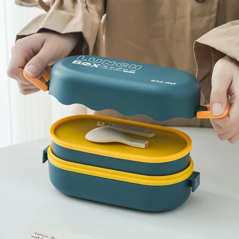 Bento Box Two Tier - กล่องข้าวกลางวันพลาสติกสองชั้นกล่องข้าวกลางวันขนาด850มล. พร้อมหัวเข็มขัดช้อนกันรั่วกล่องปิกนิกปิดสนิทกล่องเก็บสินค้าอาหาร