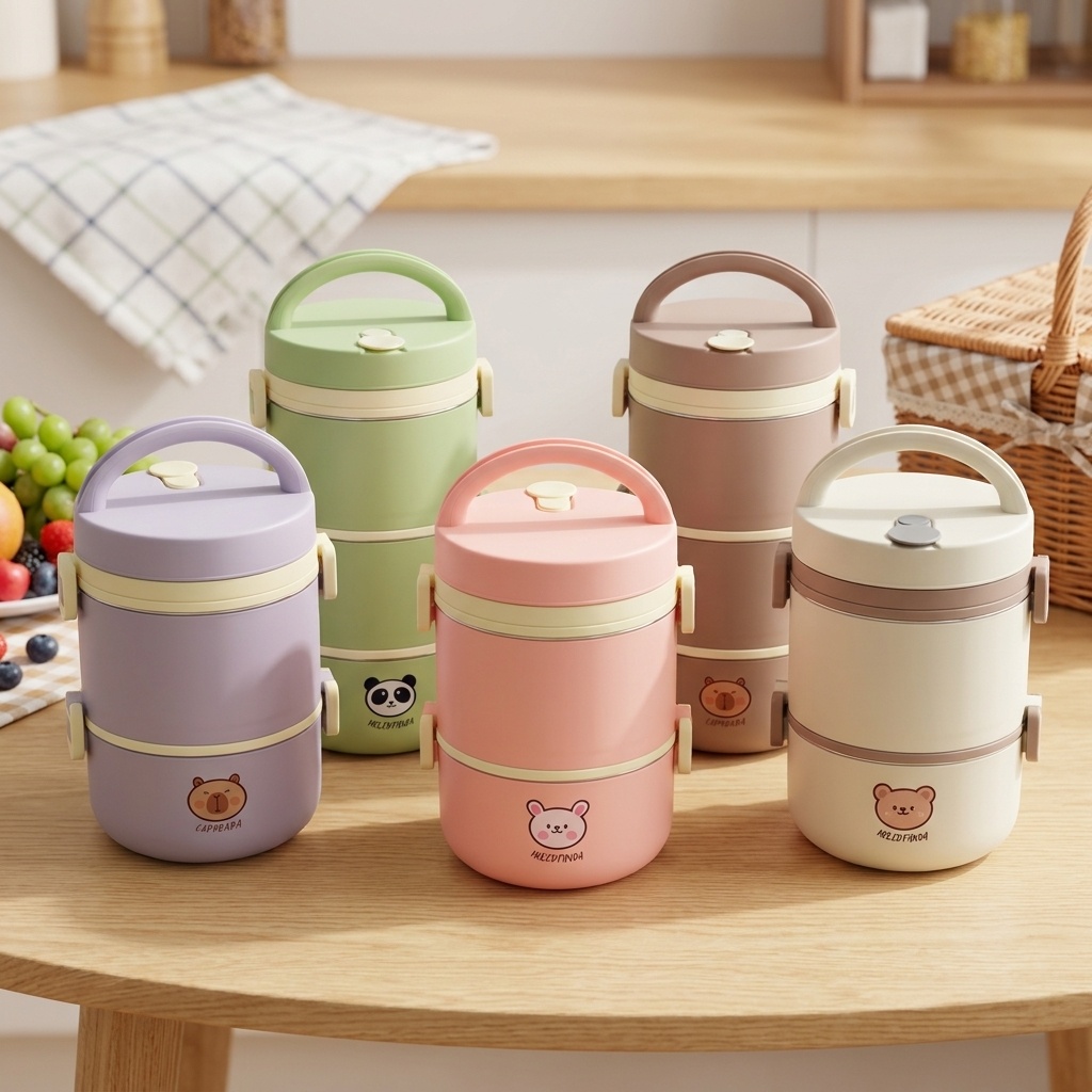 Bento Box Two Tier - กล่องอาหารกลางวันสแตนเลส 304 กล่องเบนโตะ ชุดกล่องเก็บอาหารแบบพกพาสำหรับเข้าไมโครเวฟ น่ารักสำหรับเด็ก นักเรียน