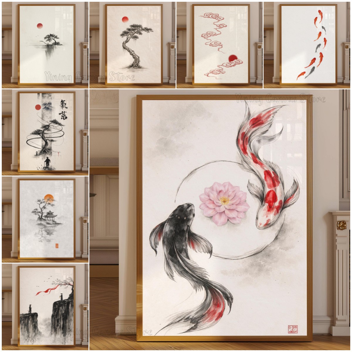 Japanese Zen Lifestyle - โปสเตอร์ภาพวิวแบบหมึกซึมของญี่ปุ่น, ศิลปะภาพวาดซูมิ-อี บนผนังลายเจดีย์, ภาพพิมพ์สีน้ำสไตล์มินิมอลเซน, ตกแต่งด้วยภาพสะท้อนของทะเลสาบบนภูเขาหมอก