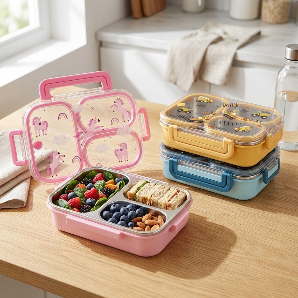 Bento Box Two Tier - กล่องอาหารกลางวันเด็กขนาดใหญ่ลายการ์ตูน พร้อมหูหิ้ว พกพาสะดวก ป้องกันการรั่วซึม ผลิตจากสแตนเลส 304